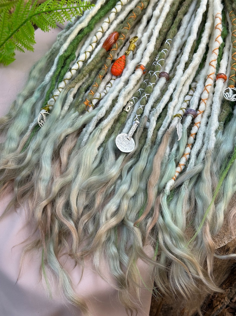synthetic dreadlocks, Intellectual Rowan enviornment, white and light olive inexperienced dreads extensions with accessories, bohostyle, competition style
