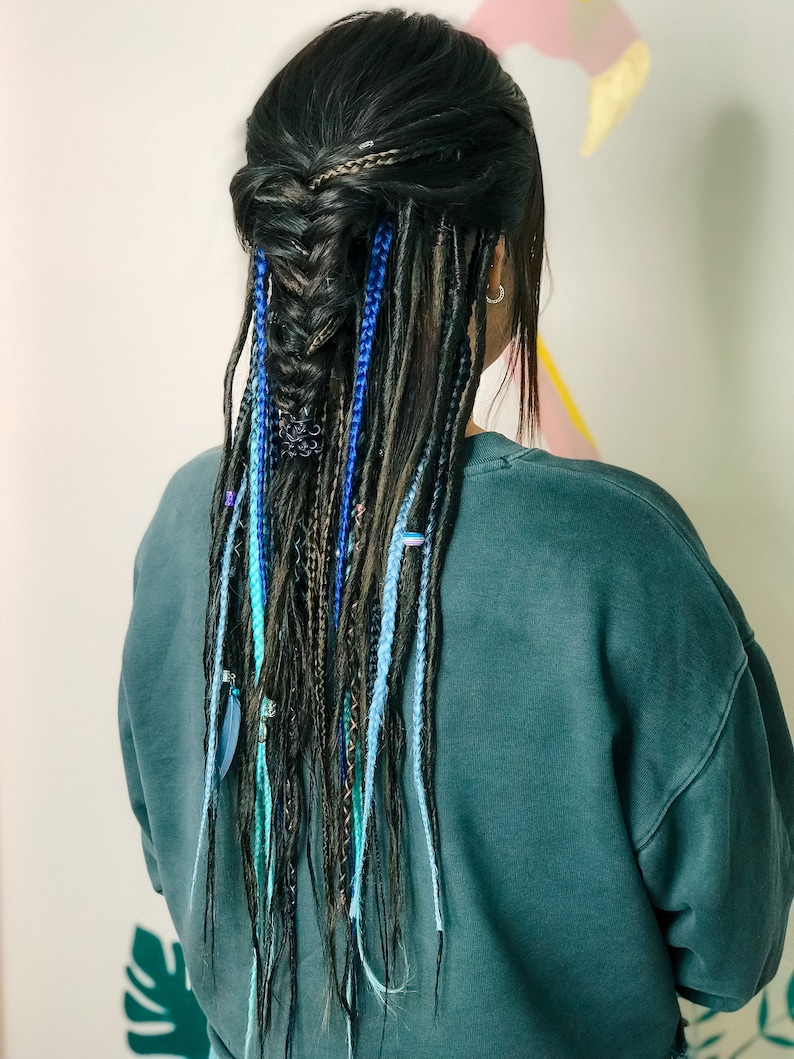Synthetic dreads, sad sea state, natural darkish brown color , blue braids soft dreadlocks extensions SE or DE with beads equipment festiva