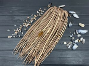 Darkish blond and light blonde wool double ended dreads with FREE wood beads