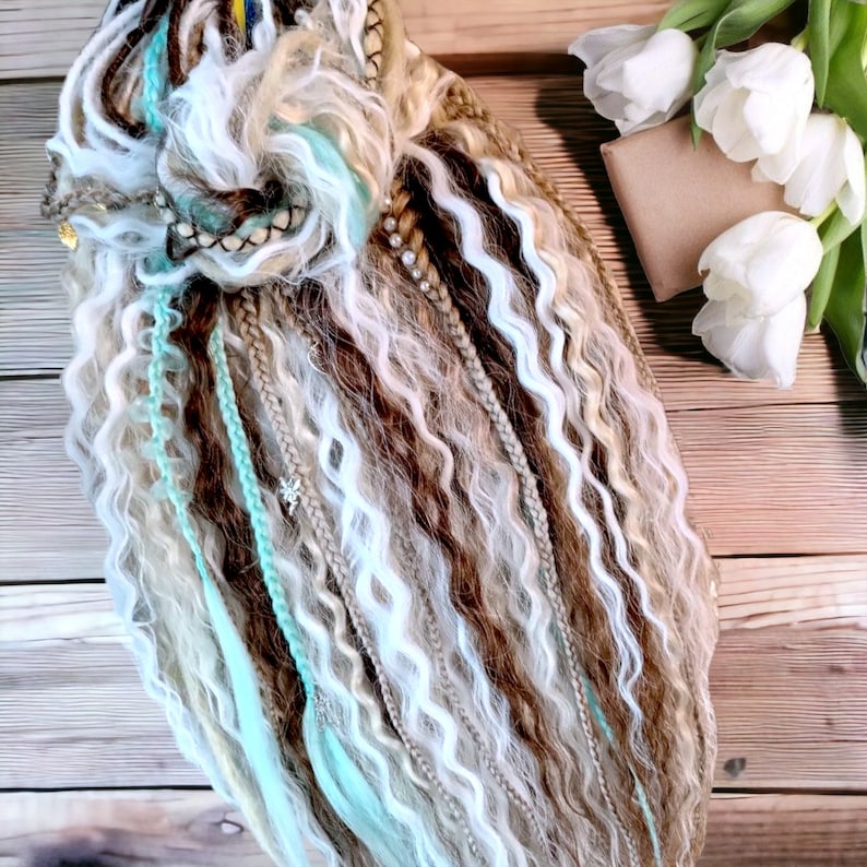 Custom-made-Made White and Teal Double Ended Dismay Curls – Boho Vibes Synthetic Dreadlock Hair Extensions with loose curls