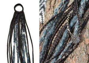 Dreads on elasticband | Dreadlocks Artificial Charms Braids | Darkish brown chocolate Pastel Blue Cold extensions crochet handmade Witch Feather
