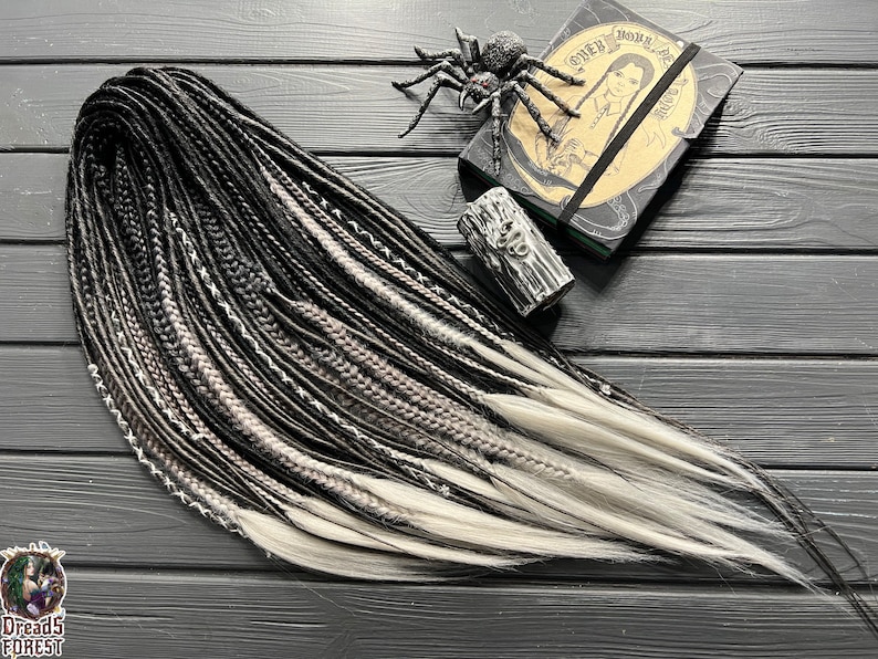 Synthetic dreads thin bent + fishtail braids ombre black on shades of grey platinum boho