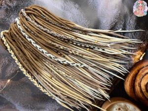 Wool dreadlocks ombre mild brown to blonde shades almond, white, champagne unlit blonde dreadlocks + braids boho beads full area mushy