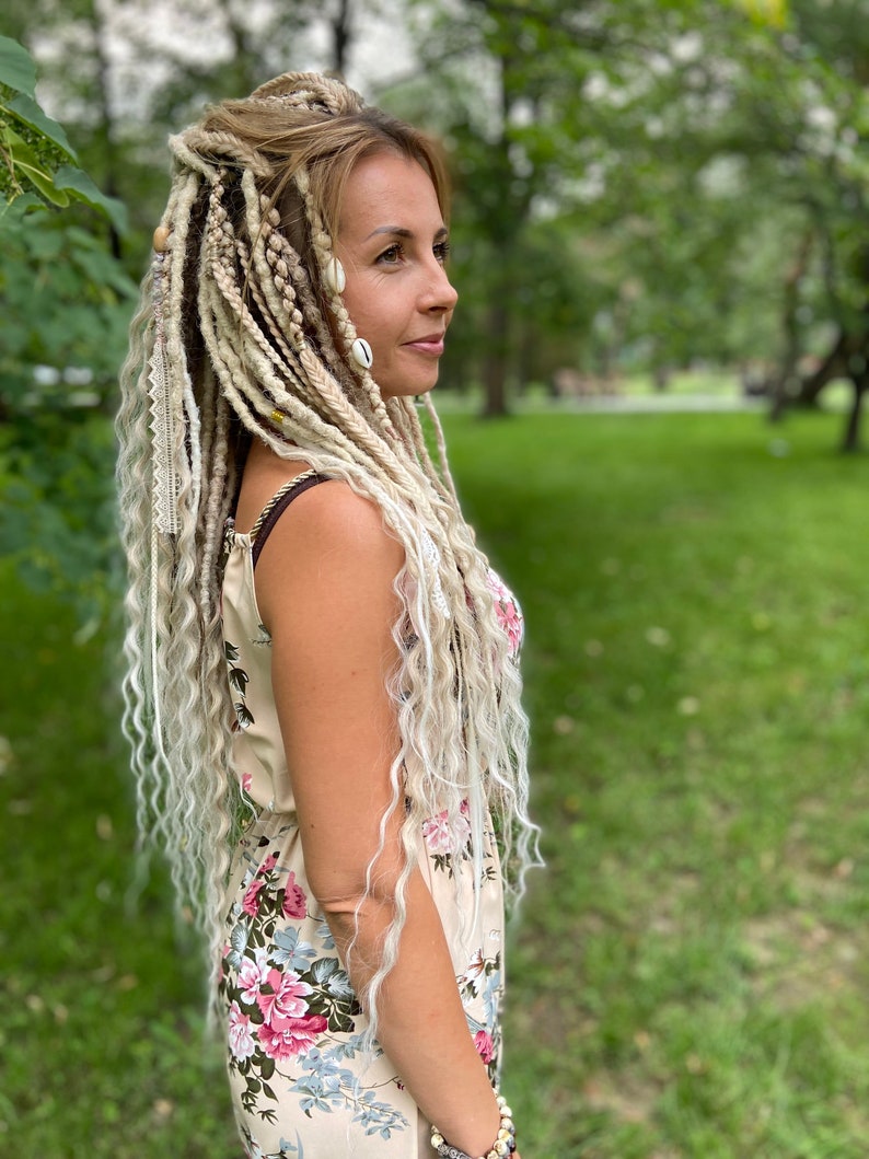 synthetic dreadlocks, Sandy Dunes location, Pure creamy blonde, white and ash blond dreads extensions with accessories, bohostyle, pageant
