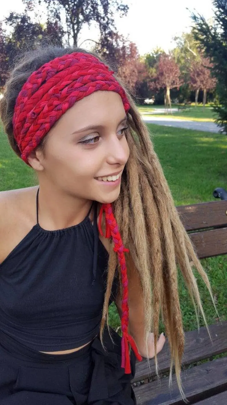 Crimson Scarf Head Scarves Boho Chic Head Wrap Gypsy Hippie Hairband Braided Material Necklace Multistrand Braided Scarf Skinny Crimson Scarf