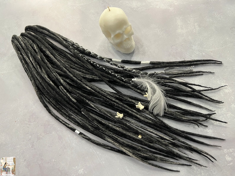 Dreadlocks wool blend, marble, shadowy + white + gray, gray pepper and salt bandage silver thread beads, boho bones, viking vogue