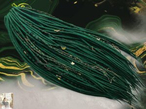 Dreadlocks wool dark emerald gold beads, natural bone beads, gold bandage, dim threads, leather-basically based wire viking boho style