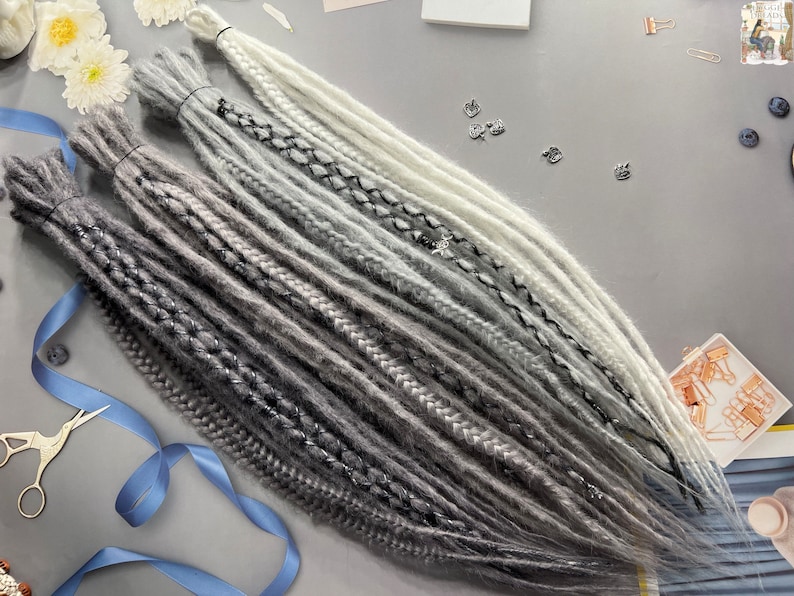 Crochet synthetic dreads+fishtail braids shades of grey medium grey platinum grey white bandage shadowy and silver thread moon beads as a present