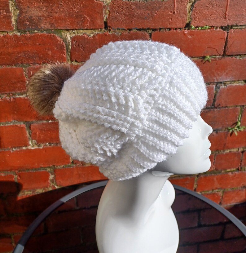 Rotund white winter hat with fur pompom Slouchy beanie Outsized hat Dishevelled hat UK shop