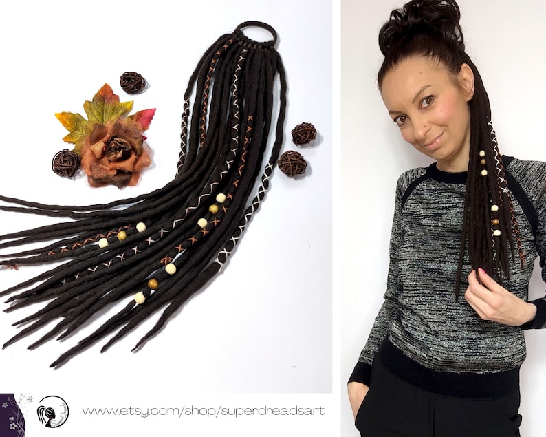WOOL DREADLOCK Extensions on elastic band, darkish brown dreadlock ponytail, uncommon hairstyle with easy set up, Different hair instruments