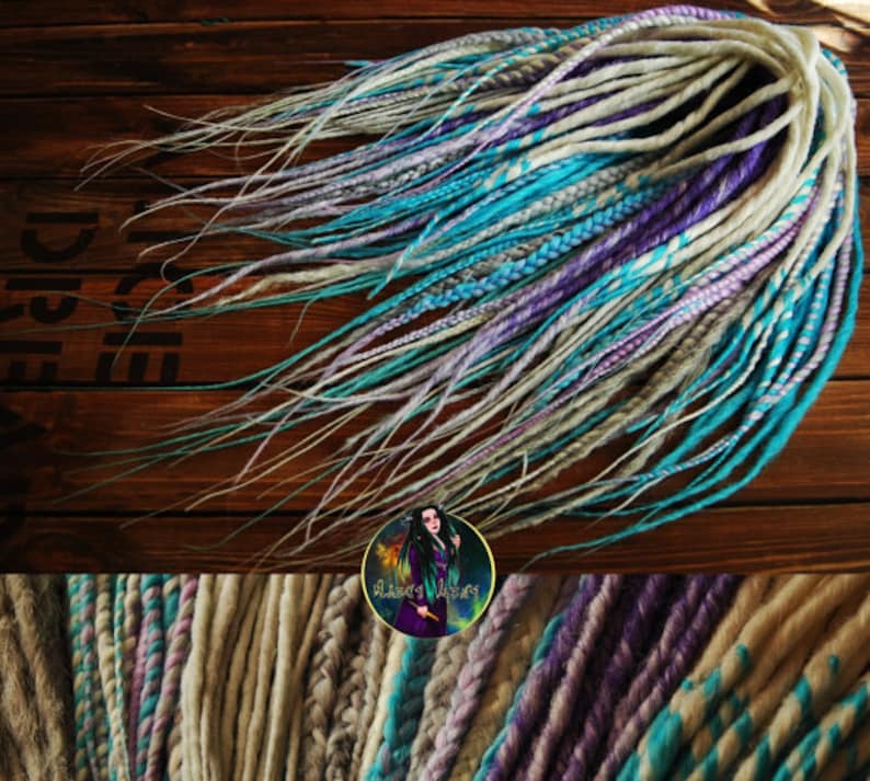 Synthetic double ended dreadlocks mix thin dreads blue crimson candy