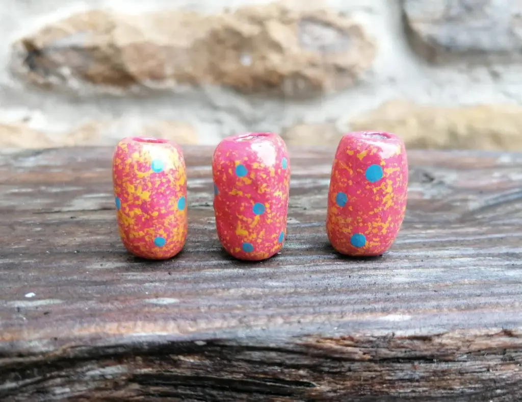 Pink Noticed Ceramic Apprehension Bead Hand Painted Blue and Yellow Discontinue